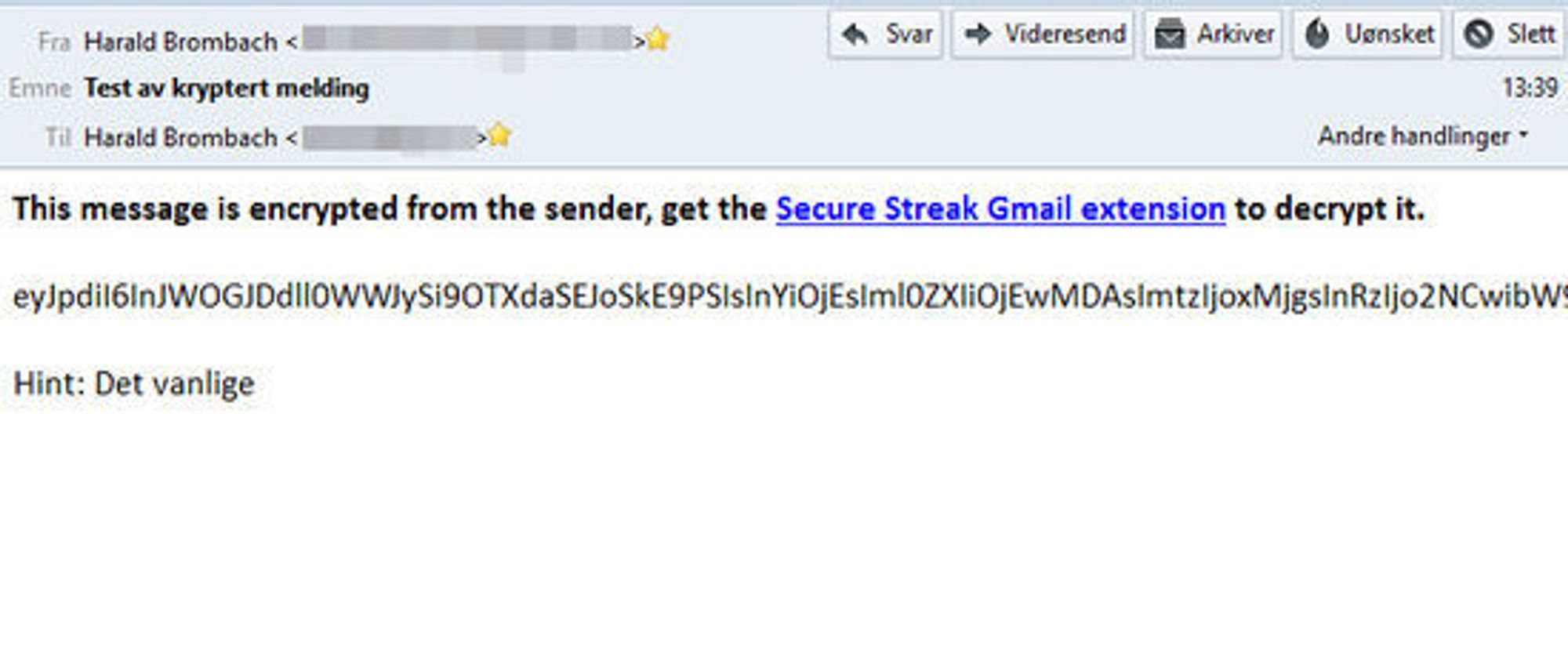 Slik ser den krypterte e-posten ut for mottakeren, her i en ekstern e-postklient. Dersom e-posten er sendt til en annen e-postadresse enn den til en Gmail-konto, kan meldingen videresendes til mottakerens Gmail-konto og åpnes der.