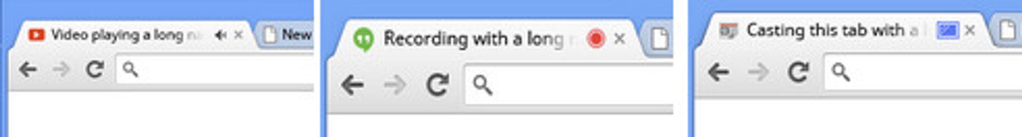 Chrome 32 vil vise spesielle ikoner i fanene for websider og -applikasjoner som enten spiller av lyd, bruker webkameret eller sender til Chromecast.