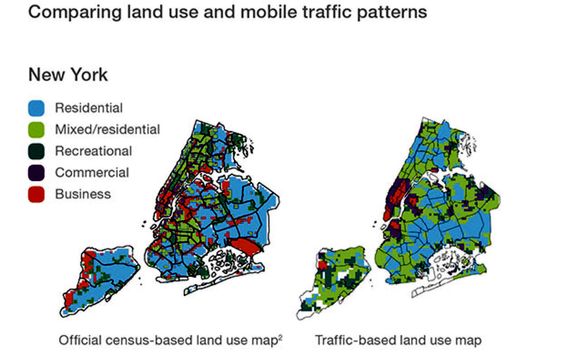NY MÅTE Å SE VERDEN: Demografene kan får et nytt verktøy gjennom å analysere bruksmønstre i mobilnettverkene og plotte det inn i kartene slik som dette over New York. Da kan de finne ut hva folk driver med og hvor.