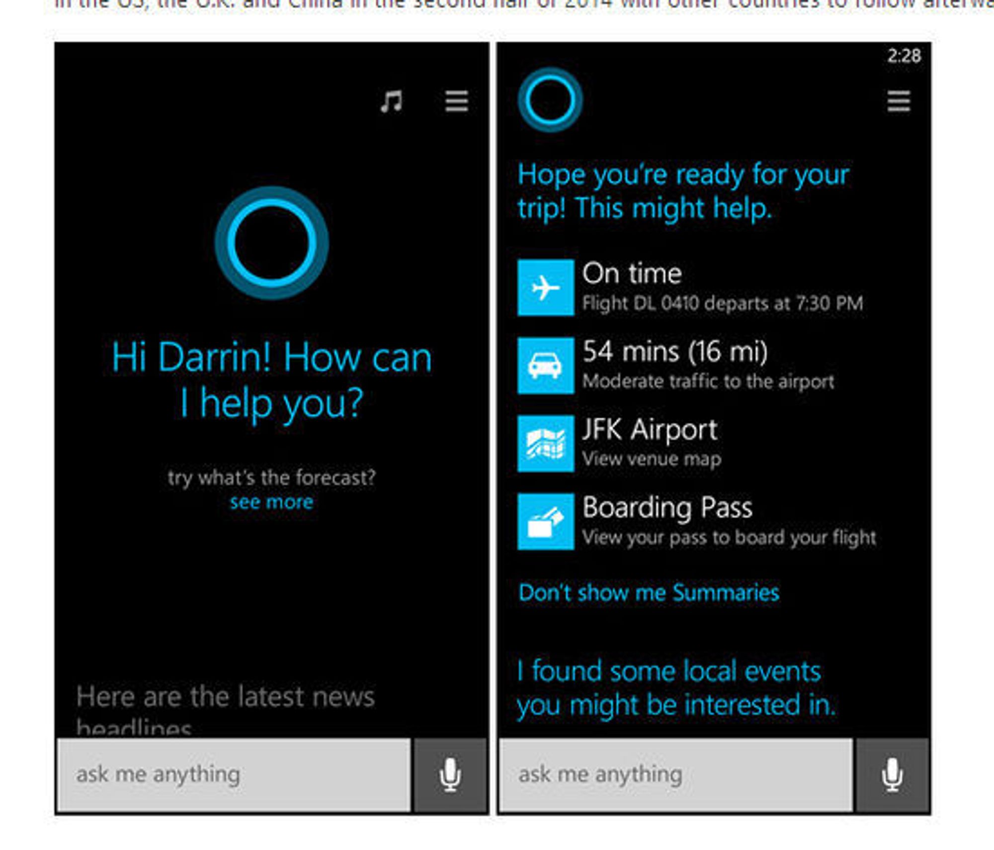 Slik ser brukergrensesnittet til Cortana ut.