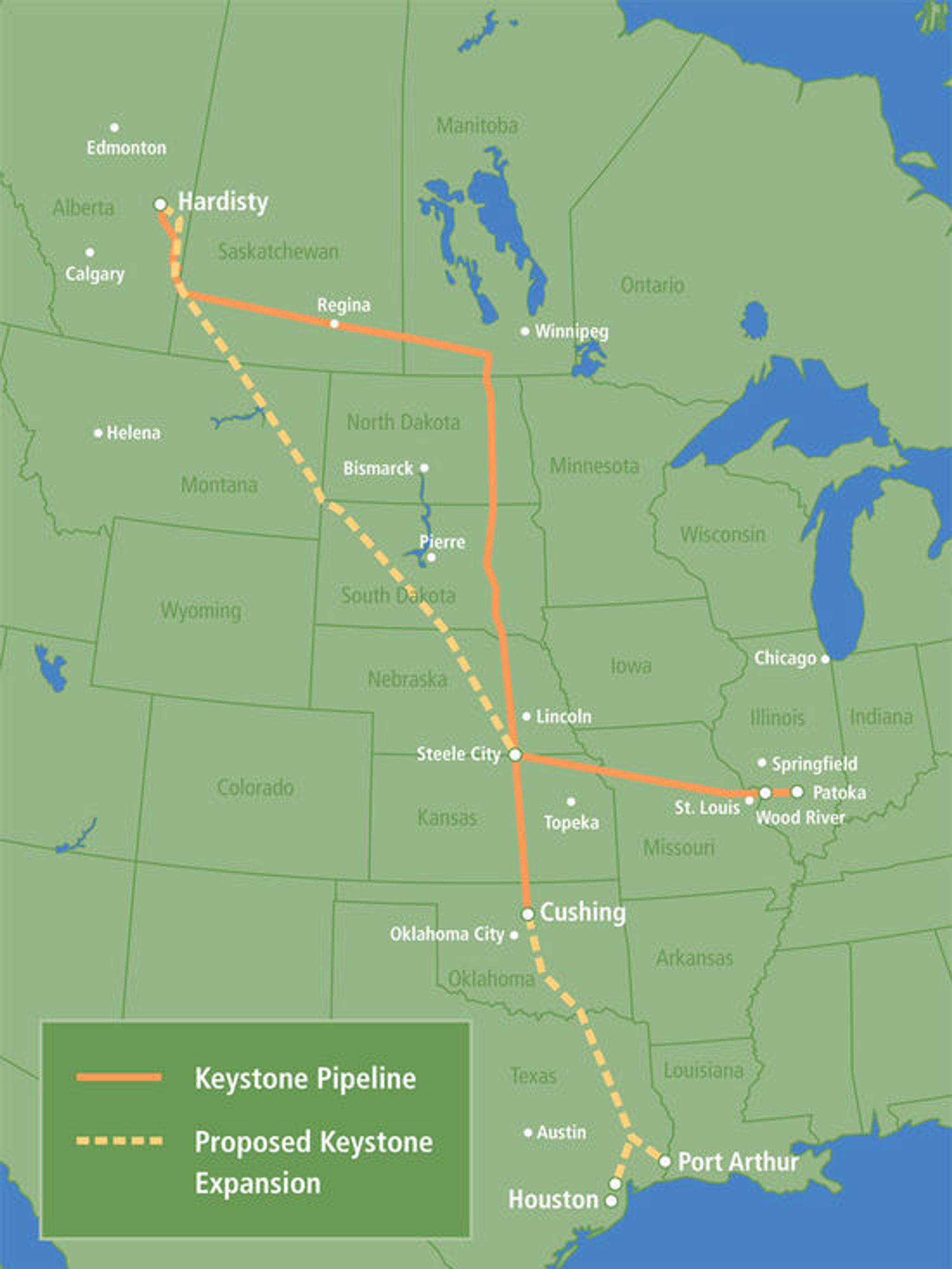 Utvidelsen av Keystone-ledningen, kjent som Keystone XL, er den prikkede linjen på kartet.