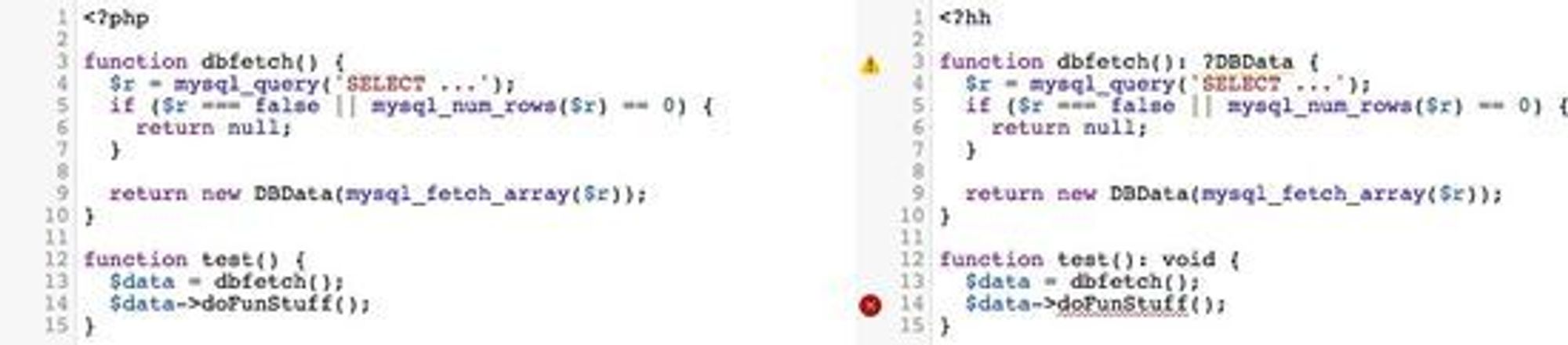 Det samme kodeeksempelet i PHP (tv) og i Hack. Kallet på doFunStuff()-funksjonen i DBData-klassen vil ikke fungere dersom dbfetch()-funksjonen returnerer en nullverdi.