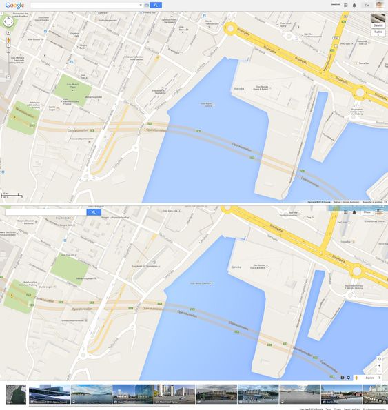 Bjørvika i Oslo vist i gammel og ny utgave av Google Maps.