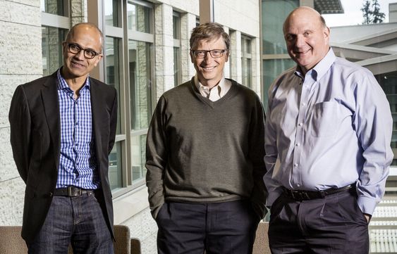 Satyua Nadella overtar for Steve Ballmer (t.h),med Bill Gates som aktiv rådgiver.(Foto:(c) Microsoft/Handout/Corbis/All Over Press)