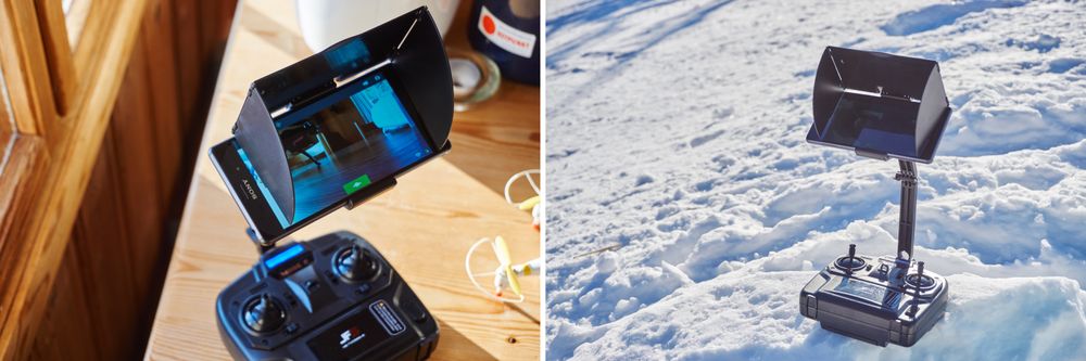 Sammen med kontrolleren følger det med et relativt kraftig telefonfeste, som dessuten leveres med en solskjermer. Dette øker leseligheten av skjermen ute betraktelig, og er noe Nine Eagles skal ha kudos for!