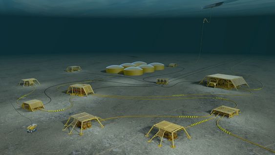 Programvare for analyse av brønnhodene på havbunnen (inne i de gule brønnrammene på denne illustrasjonen) ble prøvekanin for Statoils test av nettskyen.