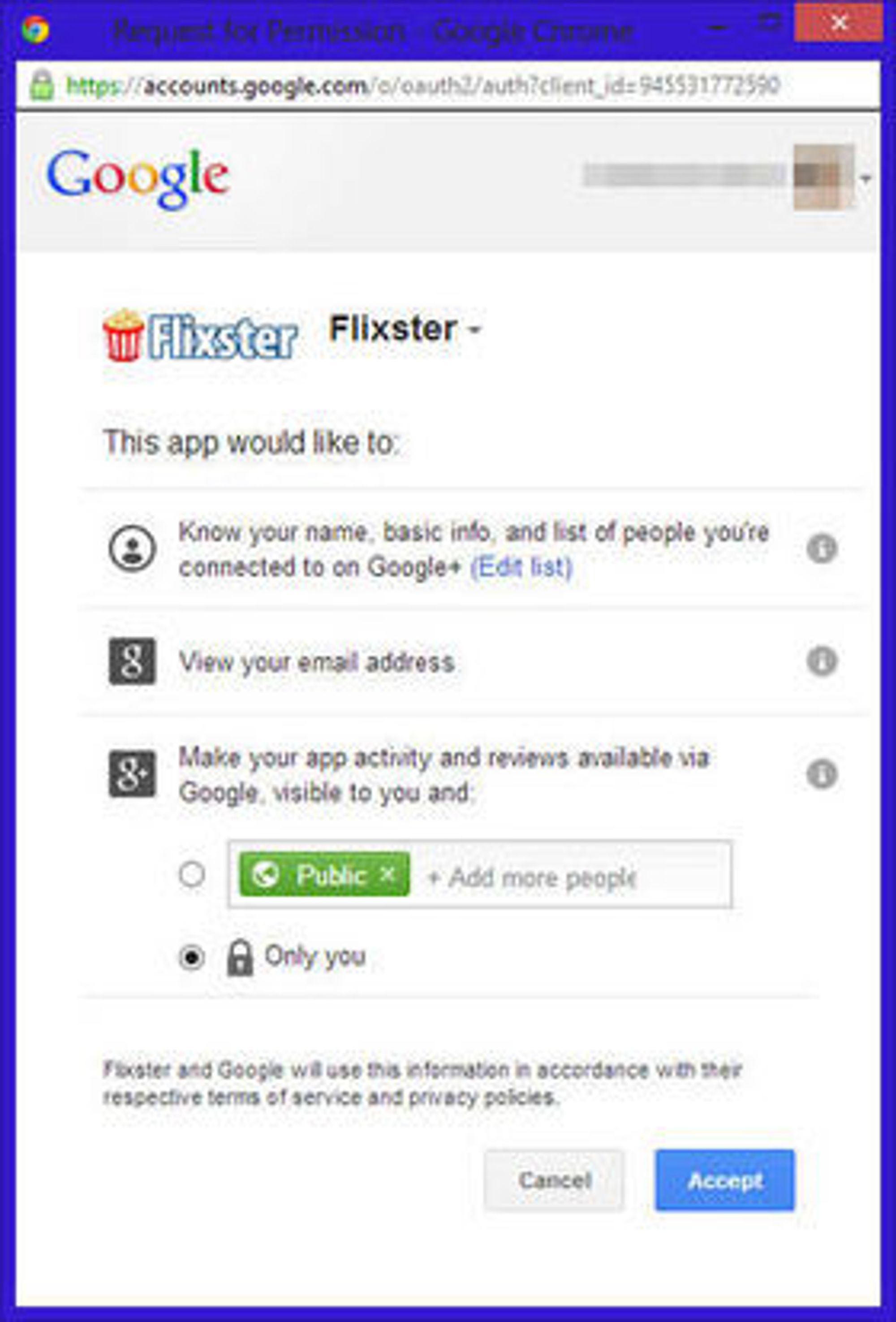 Filmatjenesten Flixster er blant de første som har tatt i bruk Google+ Sign-In. Her vises dialogen om hvilken informasjon Flixster ønsker fra brukerens Google+-konto. Brukeren har noen valgmuligheter.