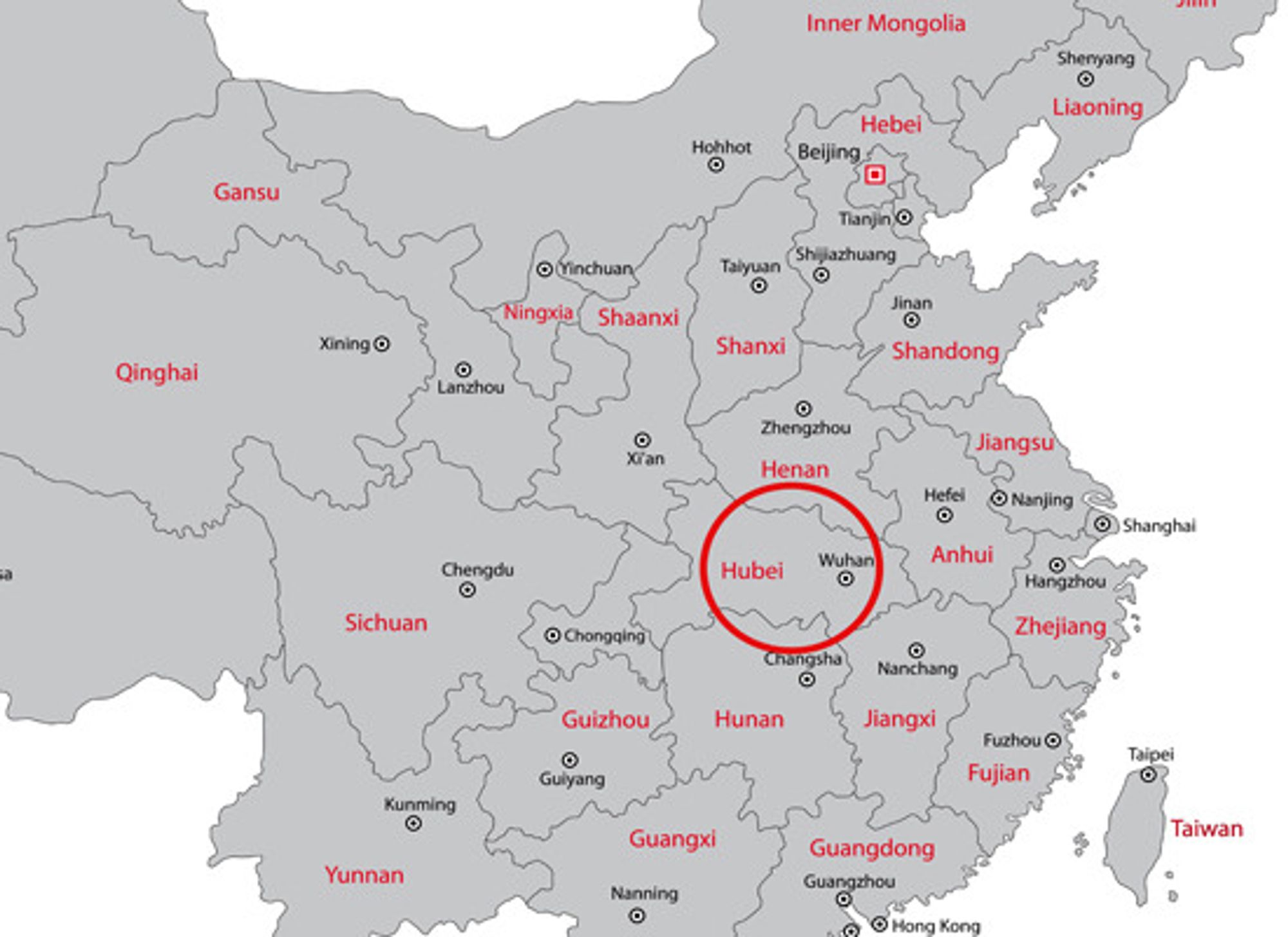 Wuhan ligger midt mellom Beijing i nord og aksen Guangzhou / Hongkong i sør.