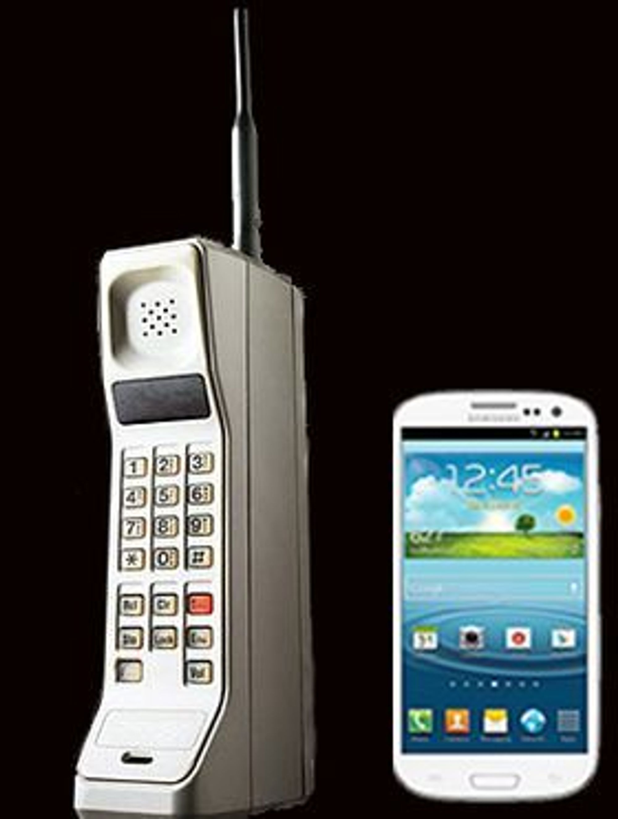 Motorola DynaTAC sammenlignet med Samsung Galaxy S III.