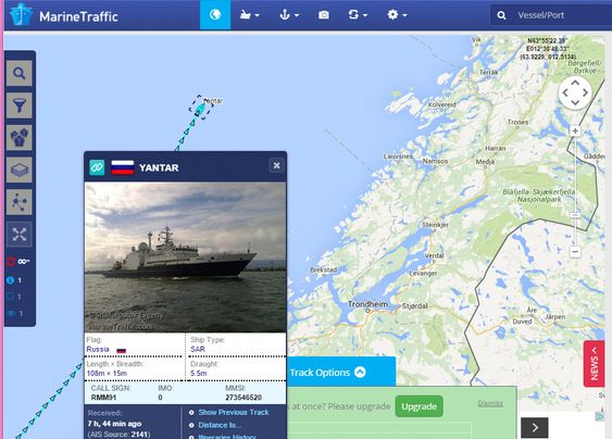 Posisjonen til skipet Yantar den 26. oktober 2015. Skipet tilhører den russiske marinen.