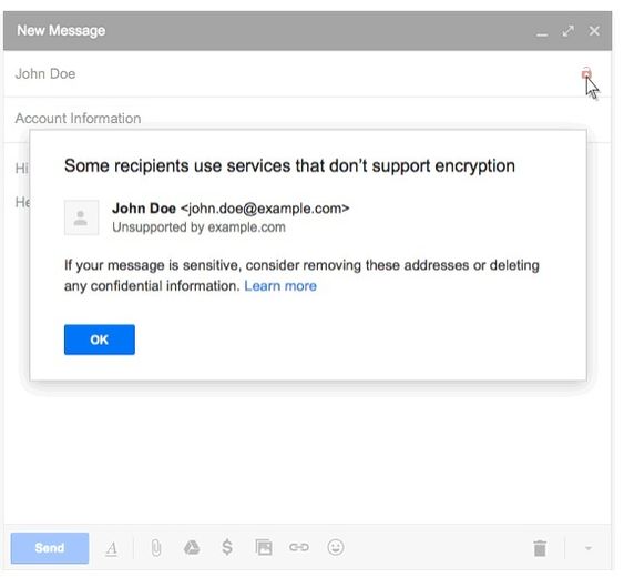 Gmail-varsel om ikke-kryptert e-post.