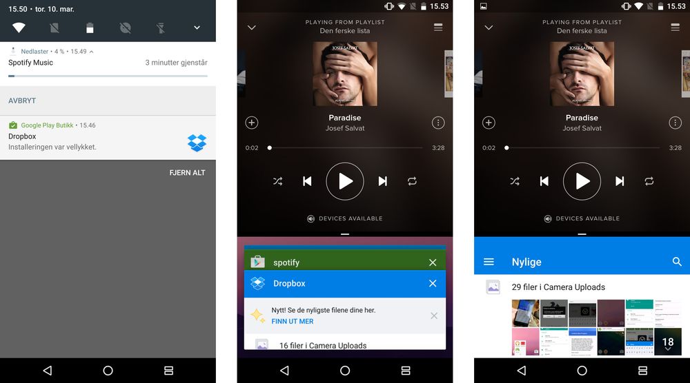Vi lastet ned Dropbox og Spotify, og begge appene kjørte problemfritt over og under hverandre på skjermen.