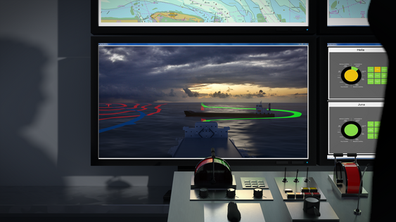 Illustrasjon fra Munin-prosjektet for autonome skip. De overvåkes fra et kontrollsenter i land, der mennesker kan gripe inn og fjernstyre skip om de autonome systemer svikter.