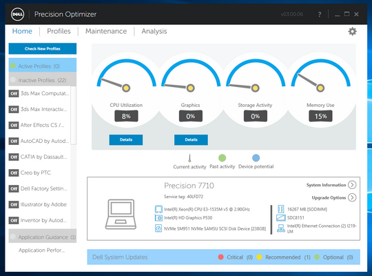 Med programmet Precision Optimizer kan du velge mellom profiler optimalisert for ulike programmer, og du får en oversikt over tilgjengelige driveroppdateringer.