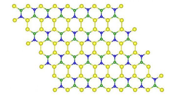 Denne sammensetningen av silisium (gult), bor (grønt) og nitrogen (blått) gir et materiale som kan være minst like sterkt og fleksibelt som grafén, bare billigere og med flere bruksområder.