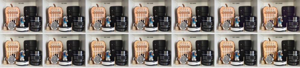 Øverste rekke er bilder tatt i råformat med Adobe Camera RAWs standard støybehandling, rekken under er JPEG-bilder rett fra kameraet.