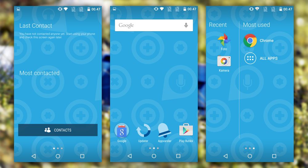Slik ser de tre startskjermene på Fairphone 2 ut. Til venstre finner du sist brukte kontakter, i midten en vanlig hjemskjerm og til høyre de sist brukte appene og appmenyen. Utenom disse små finessene er det helt ren Android som kjører på telefonen.