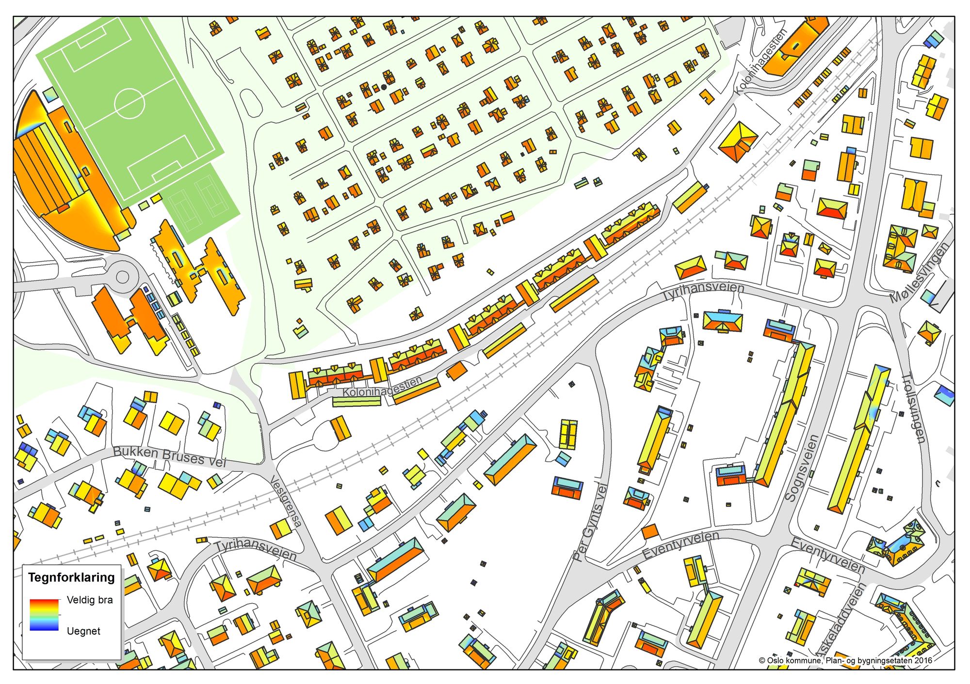 Detaljert: Oslo kommune jobber med å lage et pålitelig solkart over alle gateadresser i Oslo, som viser hvor mye solenergi hvert enkelt tak potensielt kan produsere.