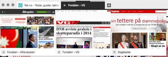 Her har vi stablet tre faner oppå hverandre. Holder vi markøren over stabelen vises en forhåndsvisning av alle sidene.