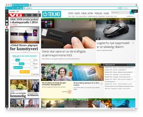 Fargetemaet endres etter hvilken nettside du har oppe. TIl venstre ses et web-panel, denne gangen med VG oppe.