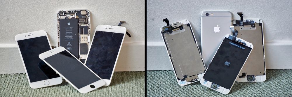 Alle delene samt telefonen vi brukte i testen, forfra og bakfra.