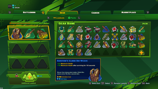 Her kan ein administrere utstyret i Battleborn.