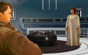 Kyle Katarn, spillets hovedperson, møter Mon Mothma, lederen for opprørsalliansen, for første gang.
