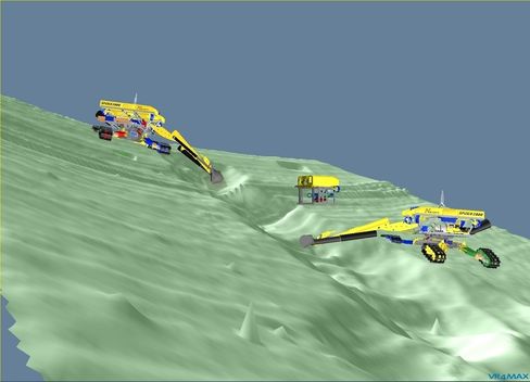 To «Spidere» jobber sammen på havbunnen, med hjelp av en 3D-modell tegnet av 350 sensorer på havbunnen. En ekstra ROV sveipet daglig over området med en sonar for å ytterligere forbedre bildet. Foto: Norsk Hydro.