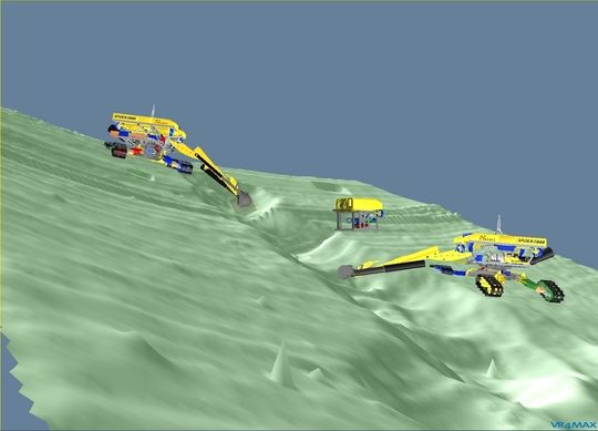 To «Spidere» jobber sammen på havbunnen, med hjelp av en 3D-modell tegnet av 350 sensorer på havbunnen. En ekstra ROV sveipet daglig over området med en sonar for å ytterligere forbedre bildet. Foto: Norsk Hydro.