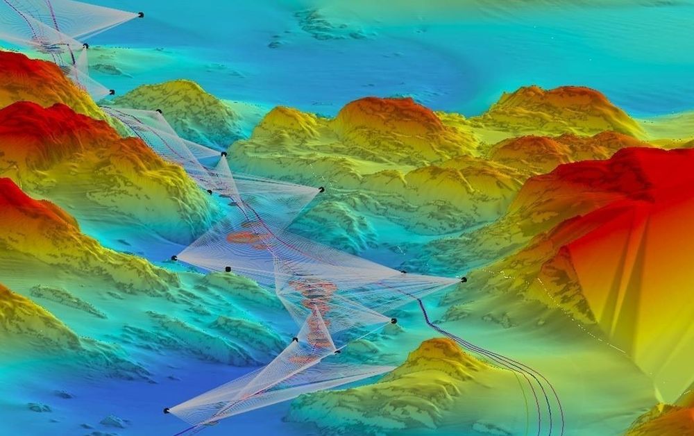 Dette er bildet teknologien tegnet av havbunnen, der kanalen til gassrøret skulle graves ut. De små, sorte boksene er sensorene som i sanntid leste av havbunnen. Bilde: Norsk Hydro.