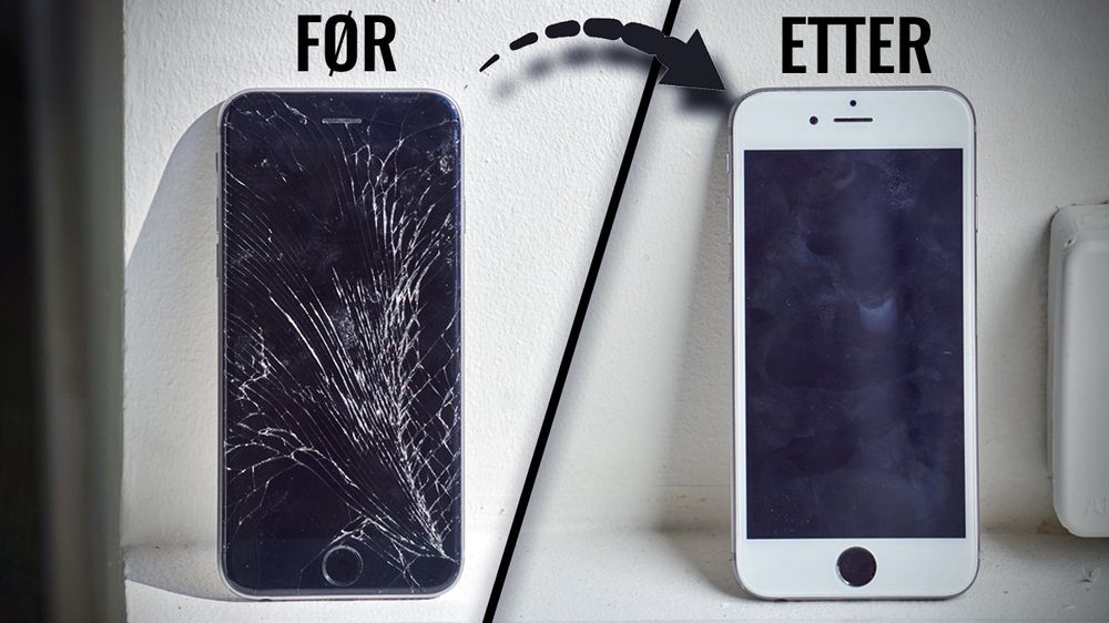 Vi tipper du har sett telefoner med tilsvarende skader som den til venstre. Heldigvis er det ikke så fryktelig vanskelig å bytte skjermdelen – ihvertfall ikke på iPhone 6.