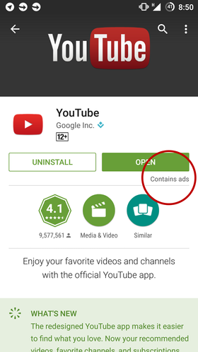 Googles egen YouTube-app er blant appene som er blitt observert med den nye merkingen.
