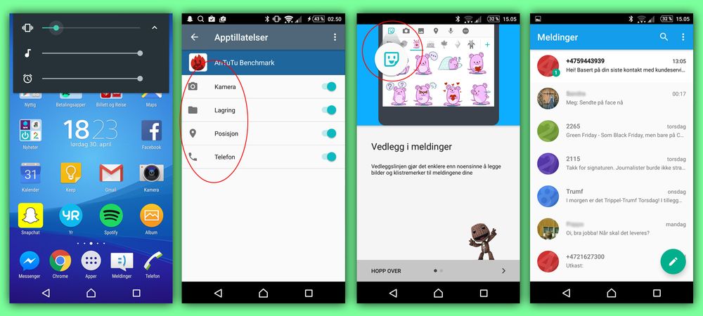 1. Lydkontrollen er nå litt annerledes og redesignet. 2. I Marshmallow velger du tillatelser individuelt for hver enkelt app. 3. Nå kan du sende søte små vedlegg i meldingene dine. 4. Meldingsappen er redesignet.