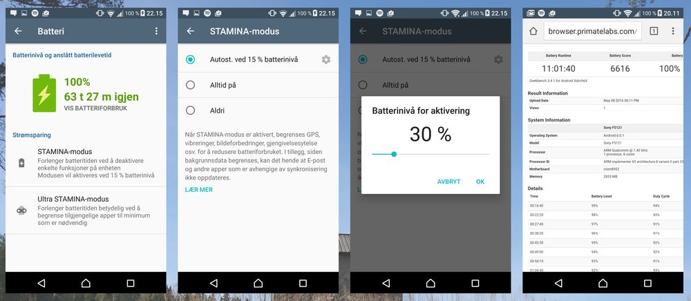 Xperia X har meget god batteritid. Både opplevd og målt. Du kan velge å la strømsparefunksjonen slå inn automatisk, på det prosentpunktet du ønsker.