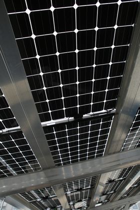 Solcellepanelene er delvis gjennomsiktige, noe som gjør at sollyset som slippes igjennom og reflekteres opp igjen fra bakken under, treffer solcellenes underside. .