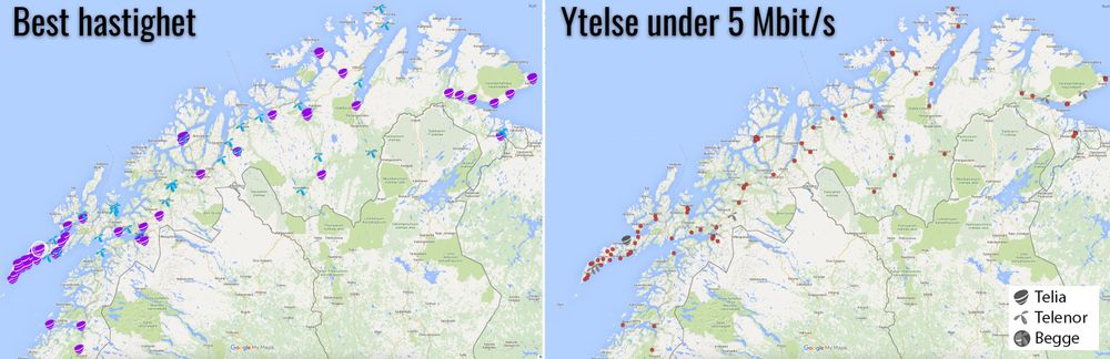 Kartet til venstre viser hvilken operatør som har høyest målt nedlastingshastighet på det aktuelle stedet. På kartet til høyre har vi markert hvilke operatører som har svært dårlige nedlastingshastigherer på det aktuelle målepunktet. Klikk på kartet for å zoome inn på områder, og klikk så på målepunktene for å se hvilke hastigher vi målte akkurat der.
