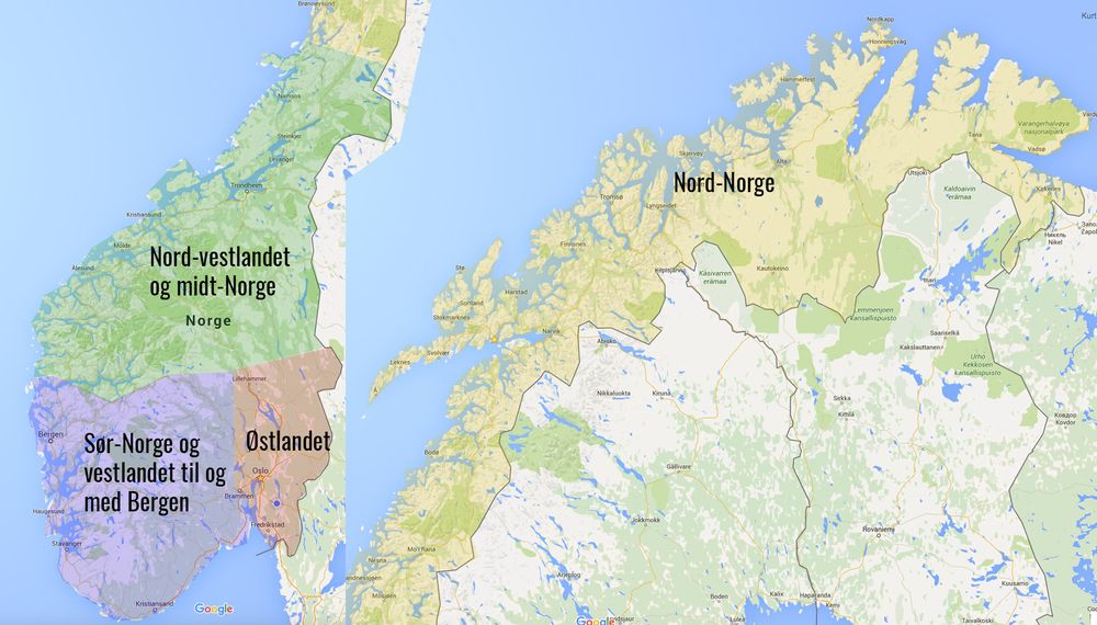 Vi delte inn Norge i fire områder og sendte ni journalister og frilansere ut på veien. Klikk på det aktuelle området for å lese resultatene for området.