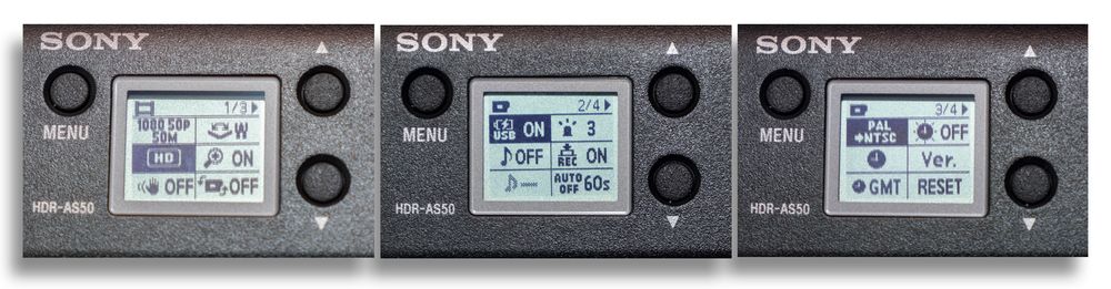 Noen av valgene er for så vidt oversiktlige nok, som de i bildet helt til venstre, men på andre treffer Sony langt fra like godt. Som den helt til høyre: Betyr den at kameraet står i NTSC? Eller at den lar oss skifte til NTSC?