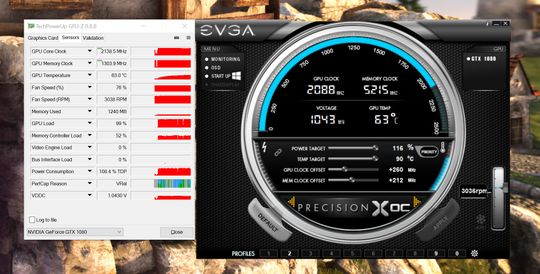 Her benytter vi monitoreringsverktøyet GPU-Z og overklokkingsverktøyet PrecisionX OC fra EVGA for å presse de siste skjulte kreftene ut av vårt GTX 1080. I bakgrunn kjører måleverktøyet HeavenBenchmark, som kontrollerer at grafikkortet vårt klarer å regne riktig selv under høyt press.
