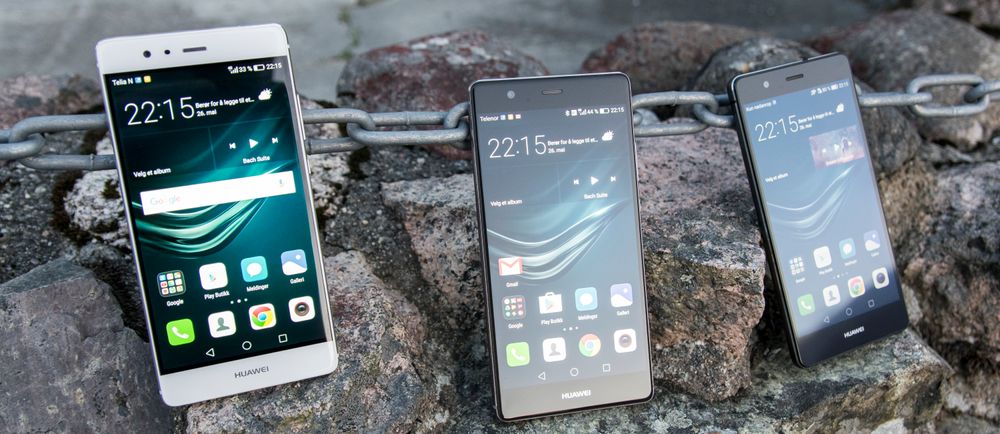 Hele familien Huawei P9 - fra venstre: P9, P9 Plus og P9 Lite. Det er ganske store forskjeller mellom utgavene, tatt i betraktning at de deler modellnavn.