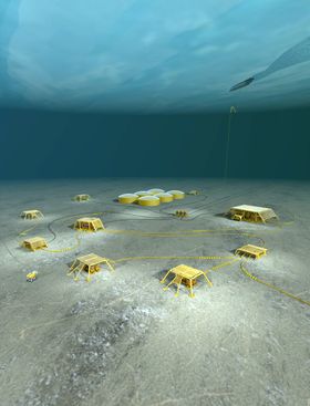 Subsea-system: Illustrasjonen viser et Subsea Storage-system slik det er tenkt å ligge på havbunnen med seks enheter. Spesielt i Barentshavet vil dette være effektivt.