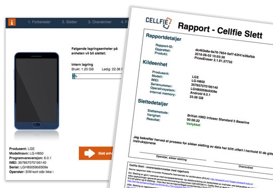 Cellfie Slett gir deg en full rapport når slettingen er ferdig.