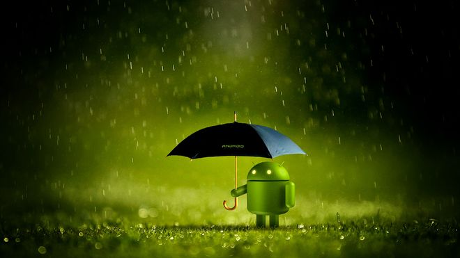Android-maskoten med paraply i regnvær.
