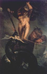 Tor i jotnen Hymes båt slåss med Midgardsormen. Maleri av Johann Heinrich Füssli fra 1788.