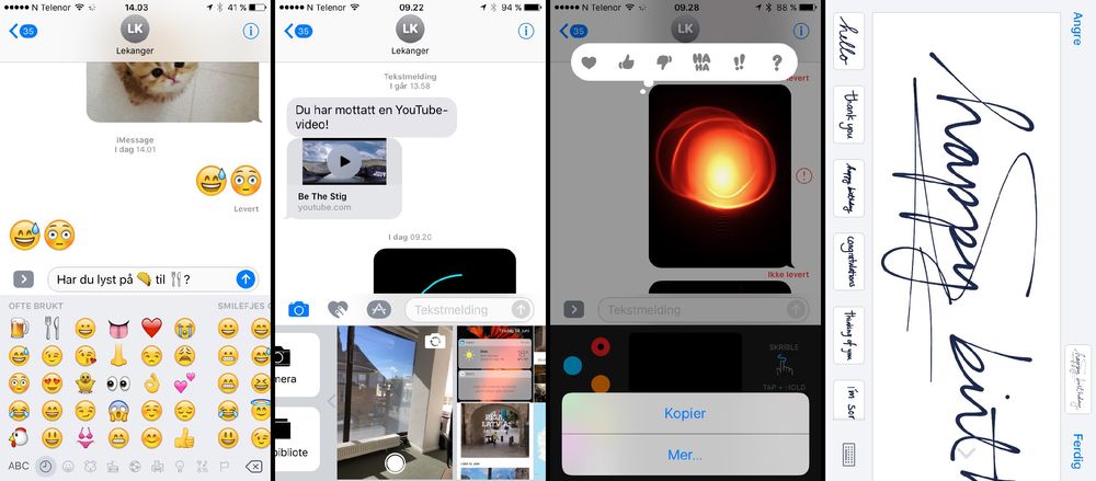 The new messaging has  many new features, such as st & # xF8;  greater emoji and opportunity & # xE5;  automatically change words to emojis. You can take  photos directly in the app (screenshot number  two), send & # xAB; heartbeats & # xbb;  ( image wood) or make h & # xE5; handwritten  messages. 