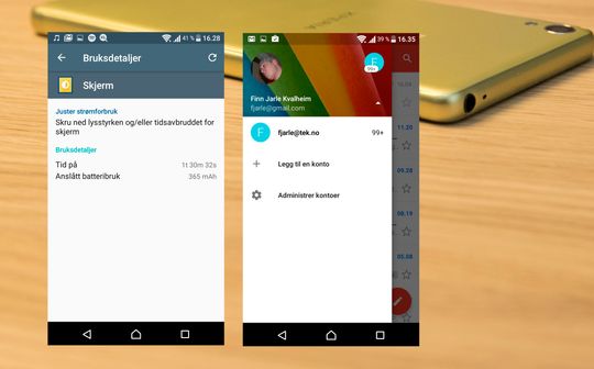 Etter halvannen time med skjermen på og en del bruk, stuper batterinivået med rundt 60 prosent. Det gir oss rundt 2,5 timer bruk på en lading. Det er ikke tilstrekkelig, selv om telefonen ellers har et godt arsenal nyttefunksjoner.