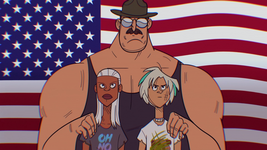 Roxanne og Slayter, flankert av den mystiske General Ryback.