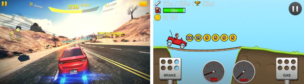 Spill som Hill Climb Racing (høyre) egner seg godt på J5.