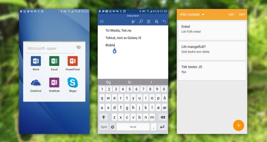 Officepakken fra Microsoft følger med, og fungerer fint. Notatappen til Samsung er litt enkel etter vår smak, og vi ville heller brukt OneNote.