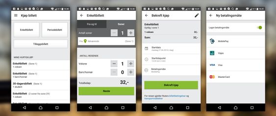 Slik velger du Mobile Pay i RuterBillett. Du tas videre til Mobile Pay-appen for å bekrefte kjøpet.